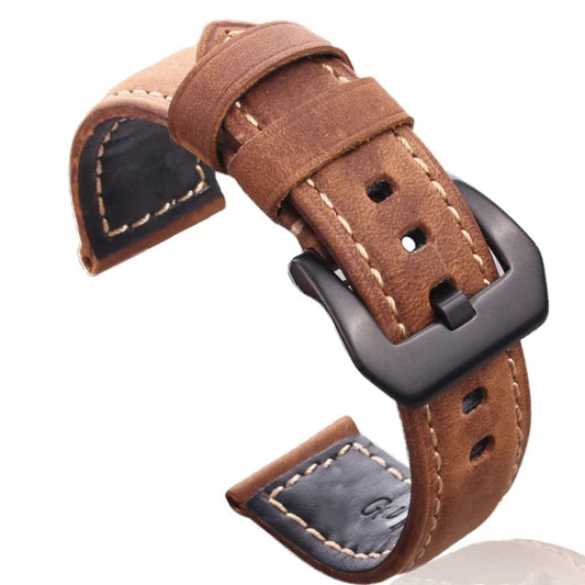 Handmade Italian Genuine Leather Watchband – 22mm/24mm Vintage Strap for PAM Watches with Silver and Black Stainless Steel Pin Buckle