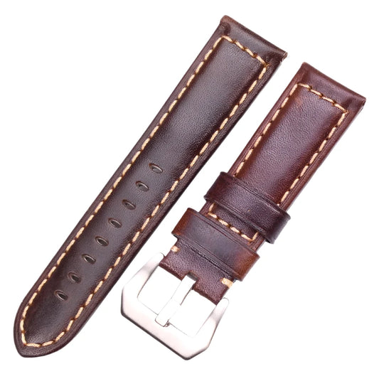 Vintage Genuine Leather Watch Straps for Men – 22mm and 24mm Bands with Brushed Stainless Steel Buckle