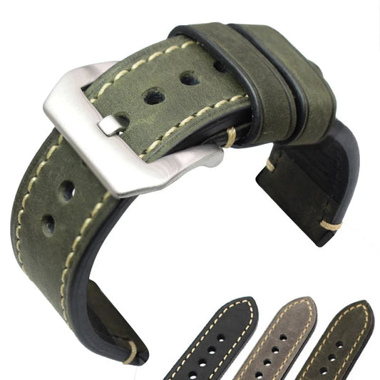 Retro Handmade Genuine Leather Watchbands – 22mm/24mm Double Thread Stitching Straps for Men’s Wristwatches