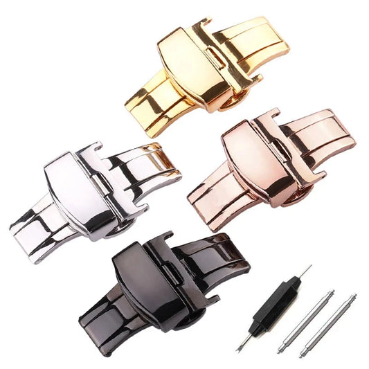 Stainless Steel Deployment Clasp Watchbands – Available in 16mm, 18mm, 20mm, 22mm, and 24mm | Silver, Rose Gold, and Black Buckles for Men and Women