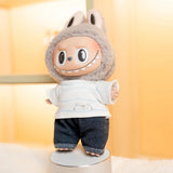 Labubu Doll Striped T-Shirt & Rolled Jeans Set – 17cm Plush Idol Doll Clothes Two-Piece Casual Outfit for Everyday Styling