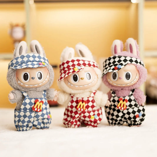 17cm Labubu Doll Checkerboard Tennis Outfit Set – Suspender Pants & Shirt Trendy Fashion Clothes for Baby Pendant Dolls