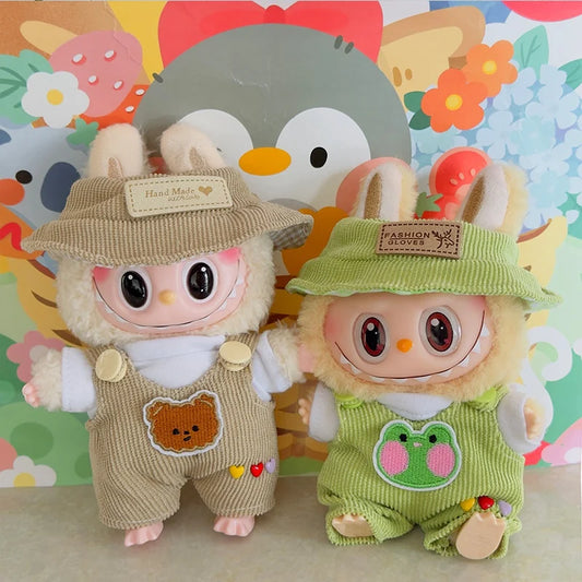 Labubu Doll Animal Overalls Fashion Set – Cute White Shirt, Hat & Outfit Accessories for 17cm Plush Dolls
