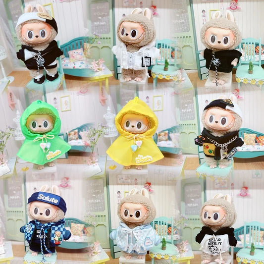 Hooded Jumpsuit Poncho Outfit for 17cm Labubu – Cute Mini Plush Doll Clothes & Accessories for Fans and Dress-Up Gifts