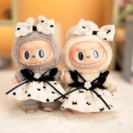 Labubu Doll Camellia Gauze Skirt Set – 17cm Plush Outfit with Heart or Bow Design & Suspender Pants for Pendant Doll Dress-Up