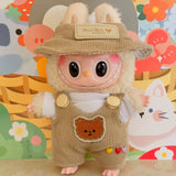 Labubu Doll Animal Overalls Fashion Set – Cute White Shirt, Hat & Outfit Accessories for 17cm Plush Dolls