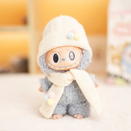 Labubu Doll Beige Hat & Scarf Set – Elegant Outfit Accessories for 17cm Pendant Plush Dolls, Perfect for DIY Styling and Dress-Up