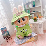 Labubu I & II Doll Animal Overalls Set – 17cm Plush Outfit with White T-Shirt & Hat Doll Clothes Accessories for Cute Display