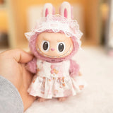 Labubu Doll Bear Print Dress Set – 17cm Outfit with Lace Headband, Cartoon Dress & Suspender Pants Accessories for Baby Pendant Dolls