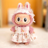 Labubu Doll Bear Print Dress Set – 17cm Outfit with Lace Headband, Cartoon Dress & Suspender Pants Accessories for Baby Pendant Dolls