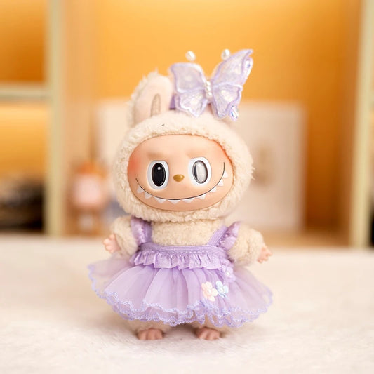 Labubu V1/V2 Flower Fairy Dress Set – 17cm Doll Clothes with Purple Butterfly Hairpin & Strap Skirt for Magical Dress-Up Play