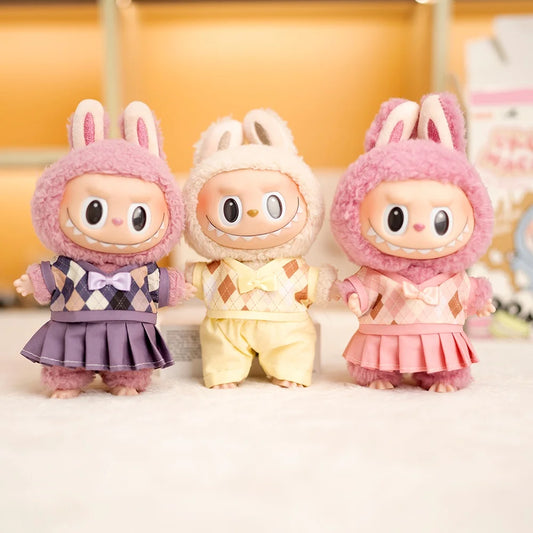17cm Labubu Idol Dolls British Couple Sweater Outfit – Cute JK Skirt Suit Clothing Set for Mini Plush Doll Accessories & Styling Gifts