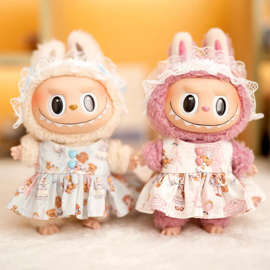 Labubu Doll Bear Print Dress Set – 17cm Outfit with Lace Headband, Cartoon Dress & Suspender Pants Accessories for Baby Pendant Dolls