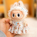 Labubu Doll Bear Print Dress Set – 17cm Outfit with Lace Headband, Cartoon Dress & Suspender Pants Accessories for Baby Pendant Dolls