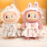 Labubu Doll Bear Print Dress Set – 17cm Outfit with Lace Headband, Cartoon Dress & Suspender Pants Accessories for Baby Pendant Dolls