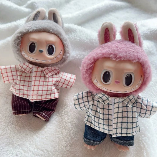 Labubu Doll Plaid Shirt & Stripe Shorts Set – 17cm Fashion Clothes Outfit Accessories for Trendy Mini Plush Dolls