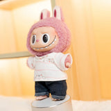 Labubu Doll Striped T-Shirt & Rolled Jeans Set – 17cm Plush Idol Doll Clothes Two-Piece Casual Outfit for Everyday Styling