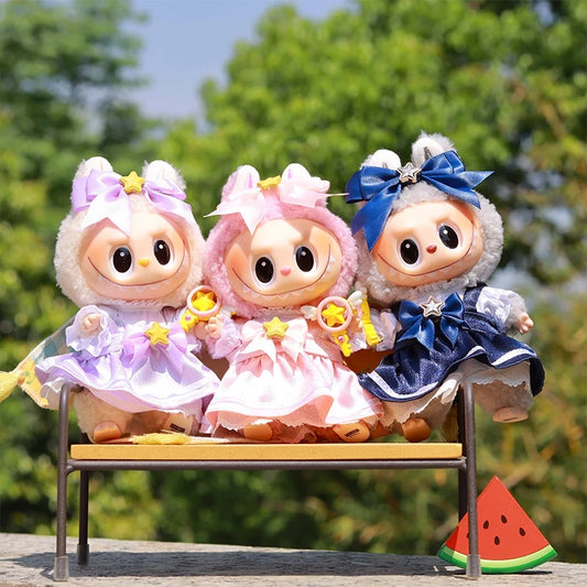 Labubu Doll Sakura Dress Outfit Set – 17cm Doll Clothes with Bow Hairpin, Magic Wand & Four-Piece Accessories for Stylish Play