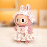 Labubu Doll Bear Print Dress Set – 17cm Outfit with Lace Headband, Cartoon Dress & Suspender Pants Accessories for Baby Pendant Dolls