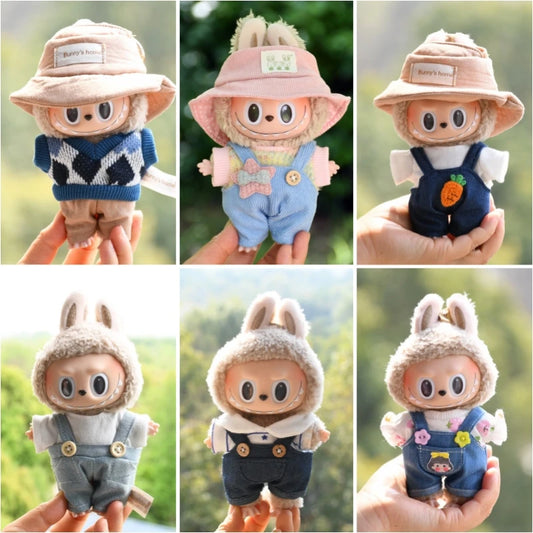 Labubu V1 Doll Clothing Replacement Set – 17cm Vinyl Pendant Outfit with Hat & Overalls for DIY Styling and Fashion Doll Accessories