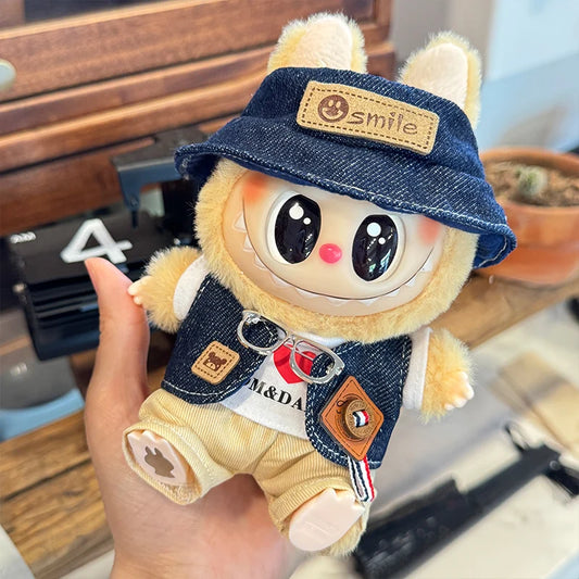 Labubu Doll Denim Outfit Set – 17cm Cowboy Hat, Denim Jacket, White T-Shirt & Khaki Shorts Fashion Clothes for Plush Dolls