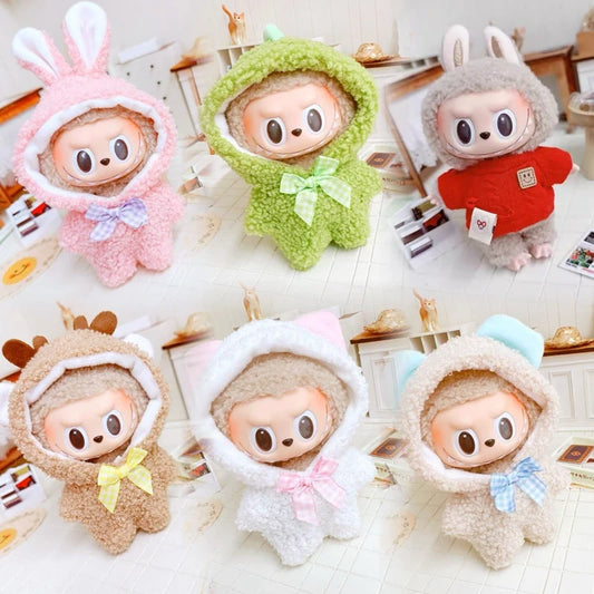 Hoodie Jumpsuit Sweater Outfit for 17cm Labubu Doll – Cute Plush Clothing Set for Fans & DIY Dress-Up Accessories
