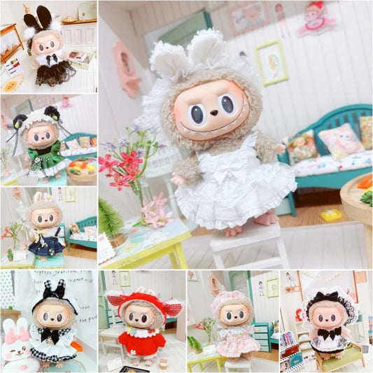 Labubu Doll Student Maid Dress Set – 17cm Plush Outfit with Uniform-Style Dress and Hairpin Accessories for Cute Collector Styling