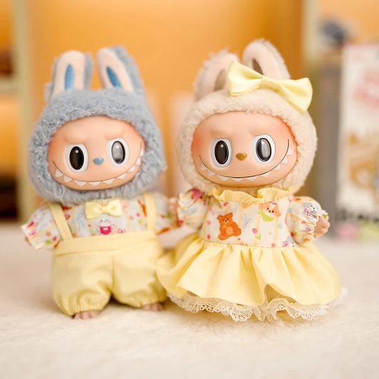 Labubu Doll Yellow Cartoon Outfit Set – 17cm Plush Clothes with Suspender Pants or Dress for Baby Pendant Doll Replacement Styling