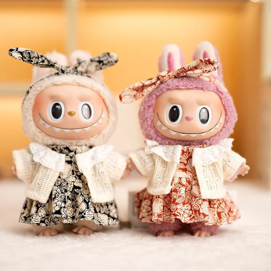 Mini Plush Doll's Clothes Outfit Accessories For Labubu V1 V2 Idol Dolls Berry Pattern Dress Knitted Cardigan Clothing Gift