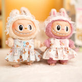 Labubu Doll Bear Print Dress Set – 17cm Outfit with Lace Headband, Cartoon Dress & Suspender Pants Accessories for Baby Pendant Dolls