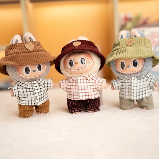 Labubu Doll Plaid Shirt & Stripe Shorts Set – 17cm Plush Fashion Outfit with Hat for Trendy Doll Styling & Cute Accessories Gift