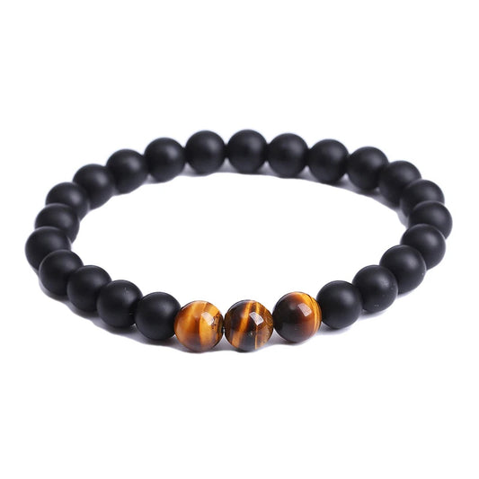 Men's Natural Tiger Eye Stone Beads Bracelet – Classic Black Agate with Stretch Elastic Cord | Pulsera Jewelry Gift