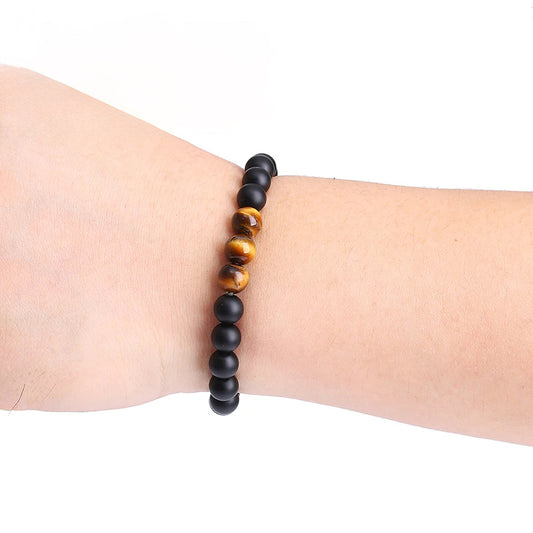 Men's Natural Tiger Eye Stone Beads Bracelet – Classic Black Agate with Stretch Elastic Cord | Pulsera Jewelry Gift