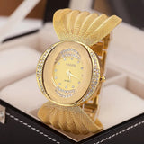 Women's Fashion Oval Gold Bracelet Watch with Mesh Band - Alloy Quartz Dress Watch, Rhinestone Accents, Ladies' Wristwatch