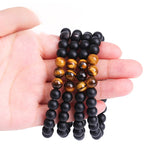 Men's Natural Tiger Eye Stone Beads Bracelet – Classic Black Agate with Stretch Elastic Cord | Pulsera Jewelry Gift