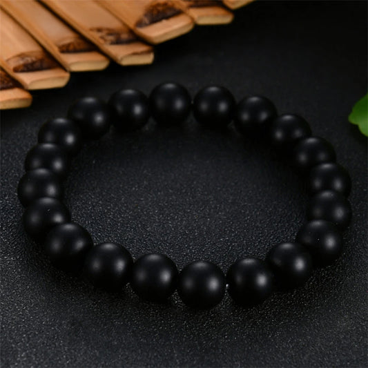 Men's Black Agate & Onyx Beaded Bracelet – Natural Stone Stretch Yoga Healing Jewelry