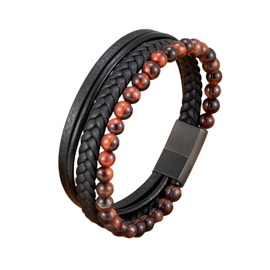 Vintage Multilayer Hand-Woven Natural Stone Bead Bracelet – Leather and Stainless Steel Jewelry for Men | Perfect Birthday Gift