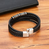 Men's Multi-Layer Braided Leather Bracelet – 3-Color Stainless Steel Beads with Magnetic Buckle | Charm Bangle Gift