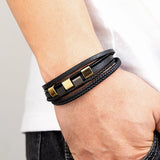 Men's Multilayer Square Stainless Steel & Genuine Leather Bracelet – Magnetic Clasp Vintage Bangle Jewelry Gift