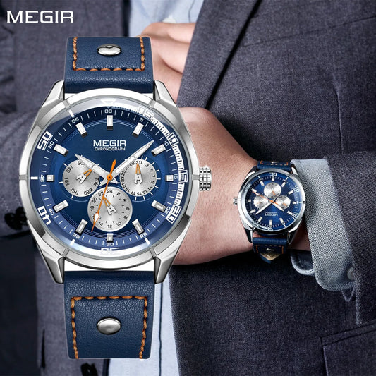 MEGIR Men's Quartz Watch: Leather Strap, Military Business Design, Chronograph Feature