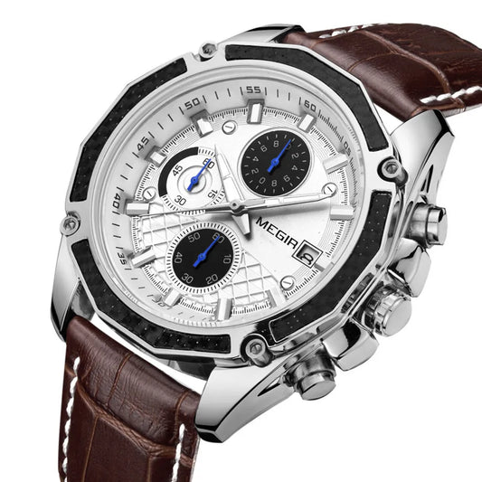 MEGIR Luxury Men's Quartz Chronograph Watch: Leather Strap, Waterproof, Calendar