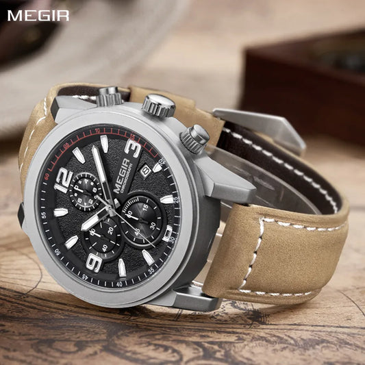 MEGIR Original Luxury Men's Sport Quartz Watch: Leather Strap, Luminous