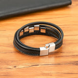 Men's Multilayer Square Stainless Steel & Genuine Leather Bracelet – Magnetic Clasp Vintage Bangle Jewelry Gift