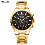 MEGIR Luxury Mens Chronograph Watch: Stainless Steel Band, Gold Black Quartz