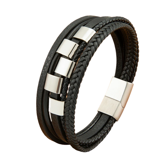 Men's Multilayer Square Stainless Steel & Genuine Leather Bracelet – Magnetic Clasp Vintage Bangle Jewelry Gift