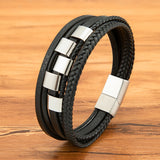 Men's Multilayer Square Stainless Steel & Genuine Leather Bracelet – Magnetic Clasp Vintage Bangle Jewelry Gift