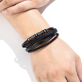 Men's Multi-Layer Braided Leather Bracelet – 3-Color Stainless Steel Beads with Magnetic Buckle | Charm Bangle Gift