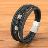 Men's Five-Layer Beaded Genuine Leather Bracelet – Stainless Steel Braided Design with Magnetic Clasp | Vintage Bangle Jewelry