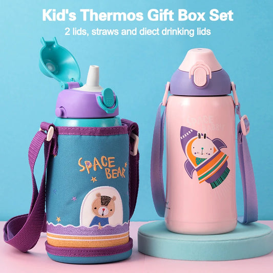 UZSPACE Kid's Thermos Gift Set: Features Stainless Steel Vacuum Flasks, Leakproof Portable Water Bottle with Straw