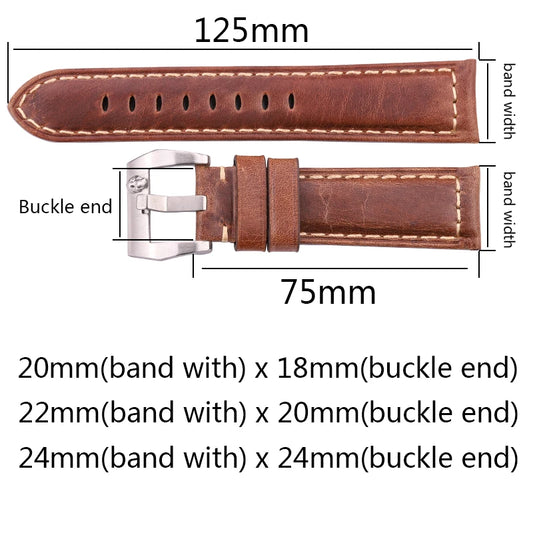 Vintage Cowhide Leather Watchband – Genuine Leather Straps for Men and Women in 20mm, 22mm, 24mm, Available in Black, Dark Brown, and Red